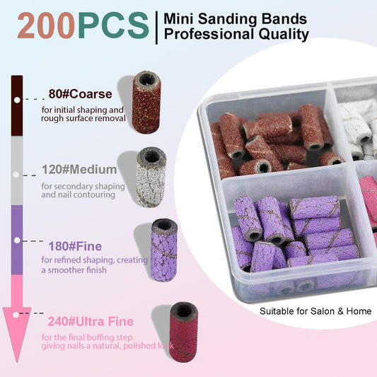 Lumcrissy 200Pcs Mini Nail Drill Bits Small Sanding Bands with 3 mm Mandrel Bit, 80 120 180 240 Fine Grit Nail File for Acrylic Nails Gel Manicures and Pedicure