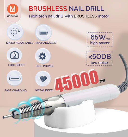 Lumcrissy Professional Nail Drill Machine - 2-in-1 Brushless Motor Nail File, 45000 RPM 2*3500mAh Portable Efile for Acrylic Gel Nails with 6 Bits & ETL-Certified USB Charger for Salon & Home