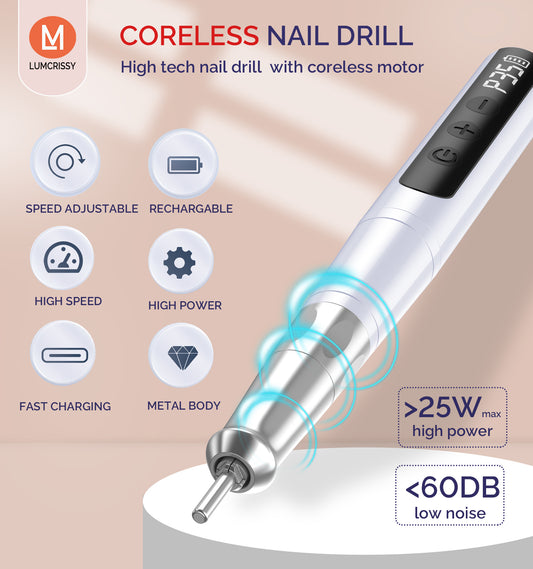 Lumcrissy Ultra-Quiet Cordless Nail Drill - 6H Rechargeable Coreless Motor, 1100mAh Pro Kit for Salon & Home Use (Pearl White)