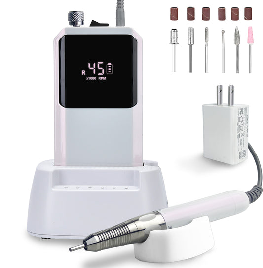 Lumcrissy Professional Nail Drill Machine - 2-in-1 Brushless Motor Nail File, 45000 RPM 2*3500mAh Portable Efile for Acrylic Gel Nails with 6 Bits & ETL-Certified USB Charger for Salon & Home