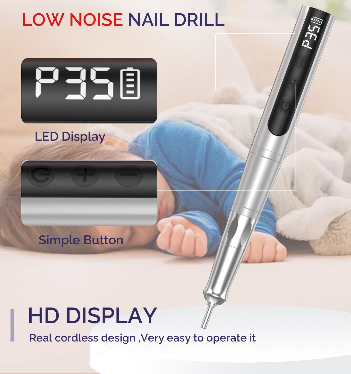 Lumcrissy Ultra-Quiet Cordless Nail Drill - 6H Rechargeable Coreless Motor, 1100mAh Pro Kit for Salon & Home Use (Pearl White)